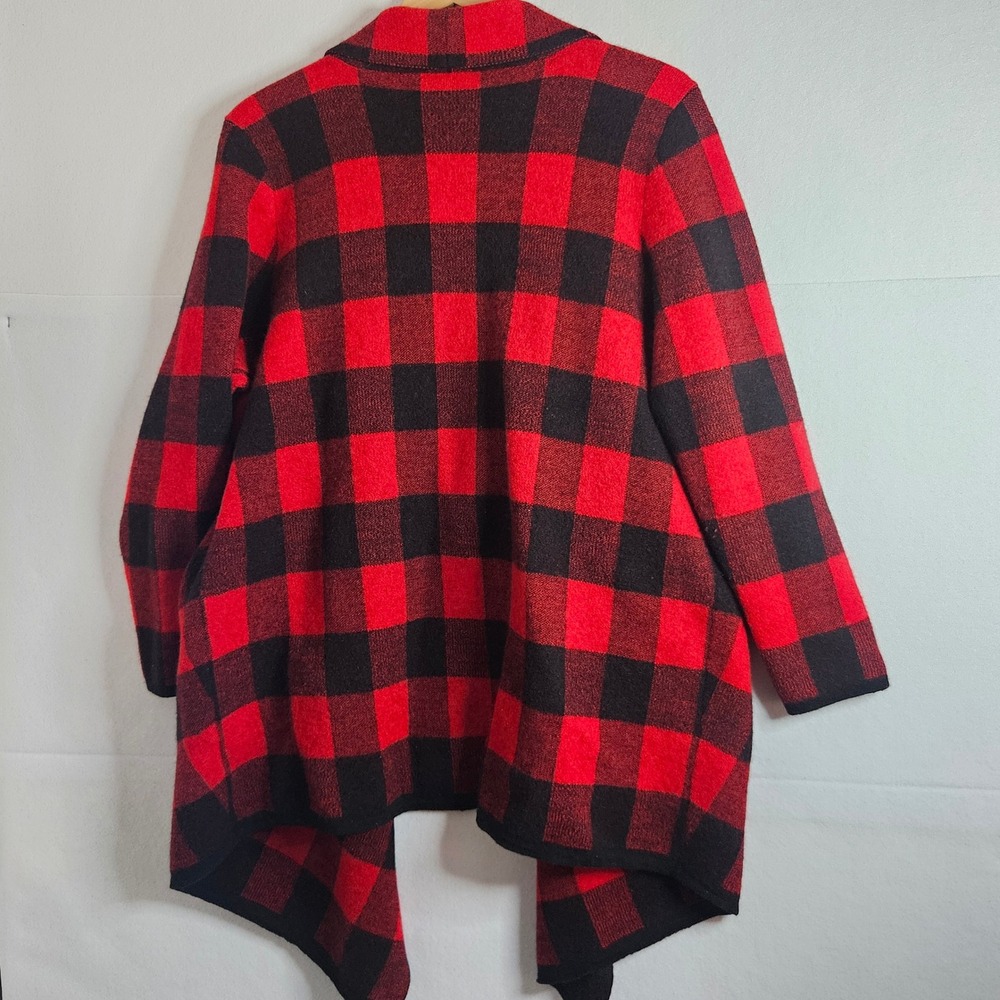 Lauren Ralph Lauren Red Black Buffalo Plaid 100% Wool Draped Cardigan Plus 3X - Picture 6 of 8